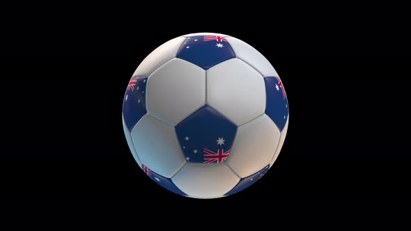 Soccer ball with flag Australia, on black background loop alpha