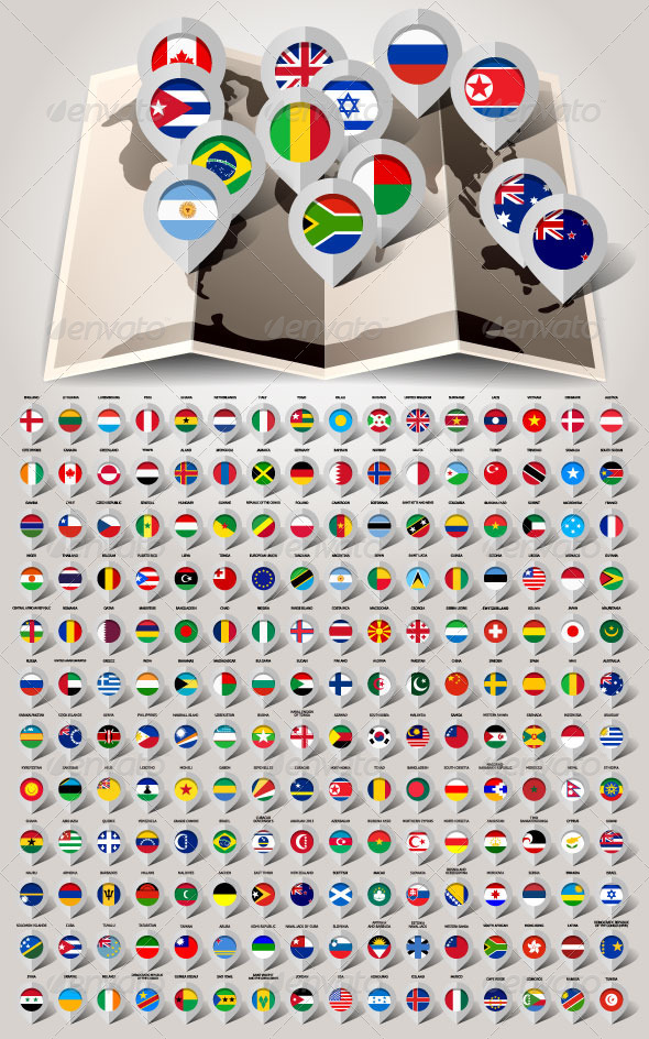 Map World 192 Markers with Flags - Icons