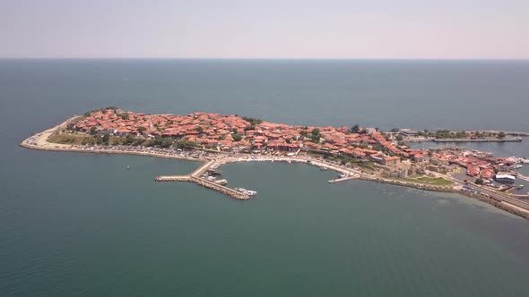 Aerial view of the ancient town of Nessebar located by the Black Sea coast in Bulgaria. alt