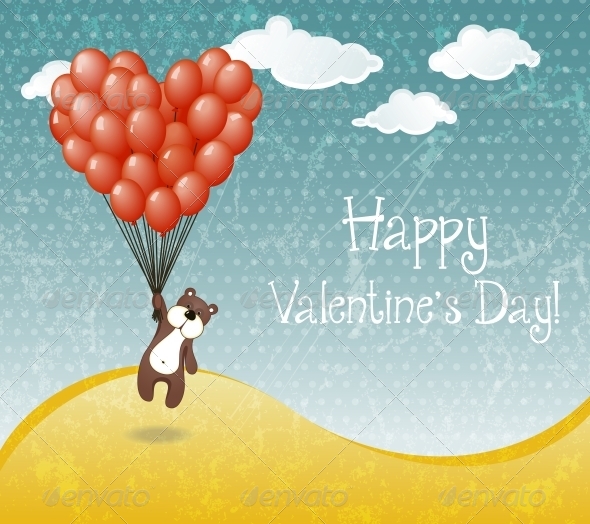 Valentines Day Card with Flying Teddy Bear - Valentines Seasons/Holidays