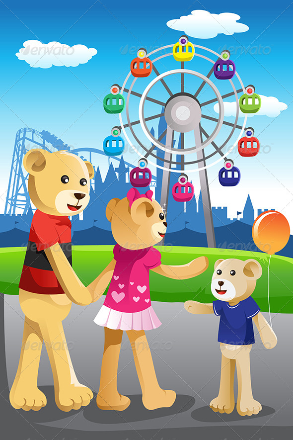 Bear Family Having Fun at Amusement Park - Animals Characters