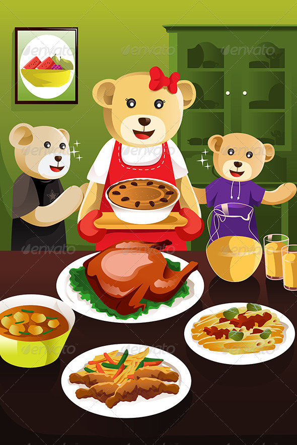 Bear Family Having Dinner - Animals Characters