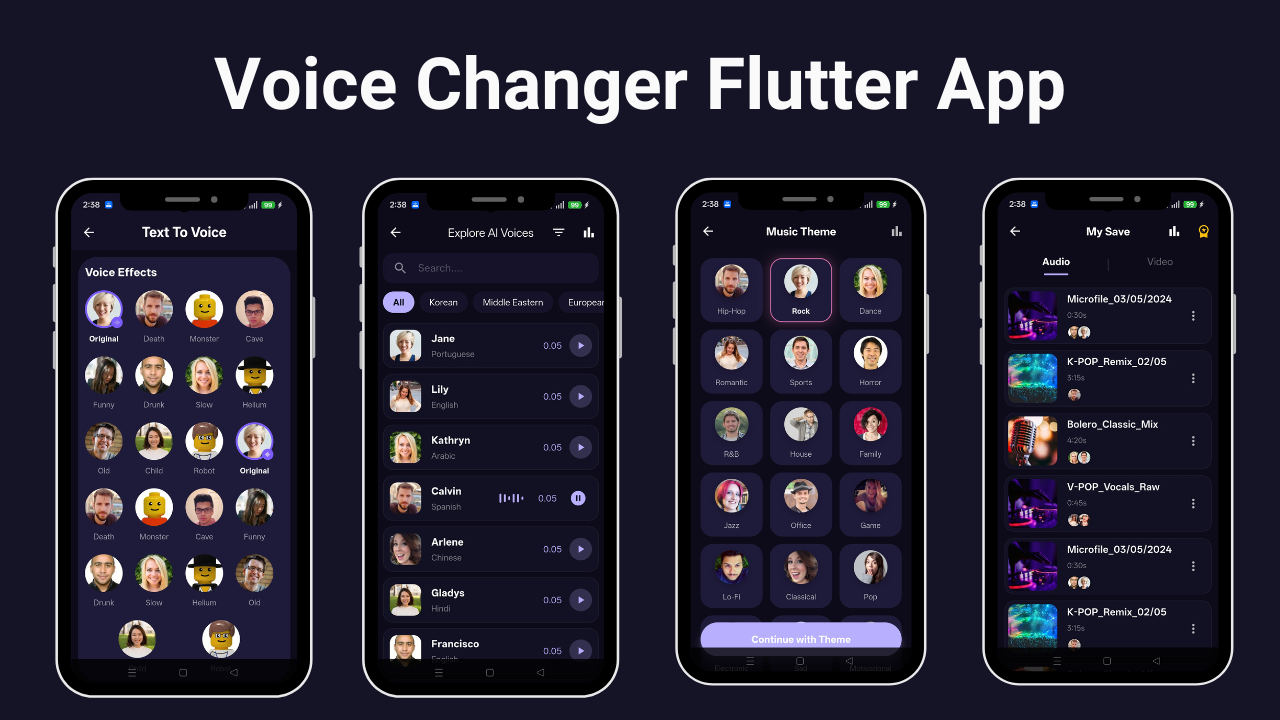 AI-Powered Voice Changer Flutter App UI Kit | Voice Effects & Audio ...