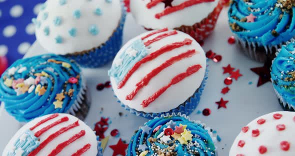 Close-up of cupcakes decorated with 4th july theme alt