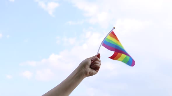 Girl Hand with Colorful Rainbow Gay Pride Flag Waving in the Wind Against the Background of the
