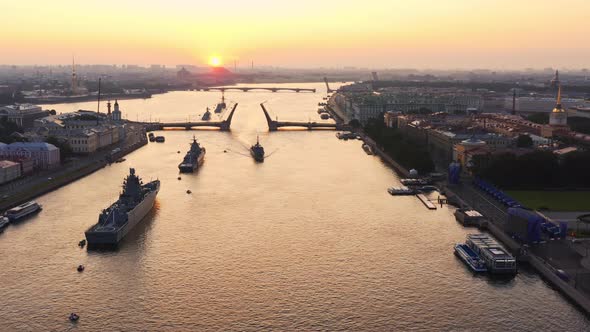 Aerial Landscape with Warships in the Neva River Before the Holiday of the Russian Navy at Early alt