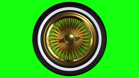 Looping Triple Gold Wire Wheel With Tire Over Green Screen Background
