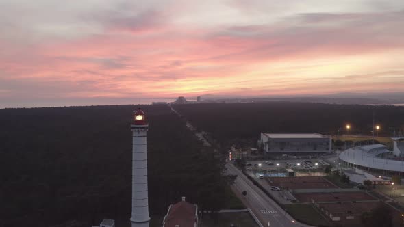 Aerial Drone Video Of Vila Real De Santo António City, Lighthouse Farol And Stadium In Portugal alt