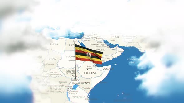 Uganda Map And Flag With Clouds