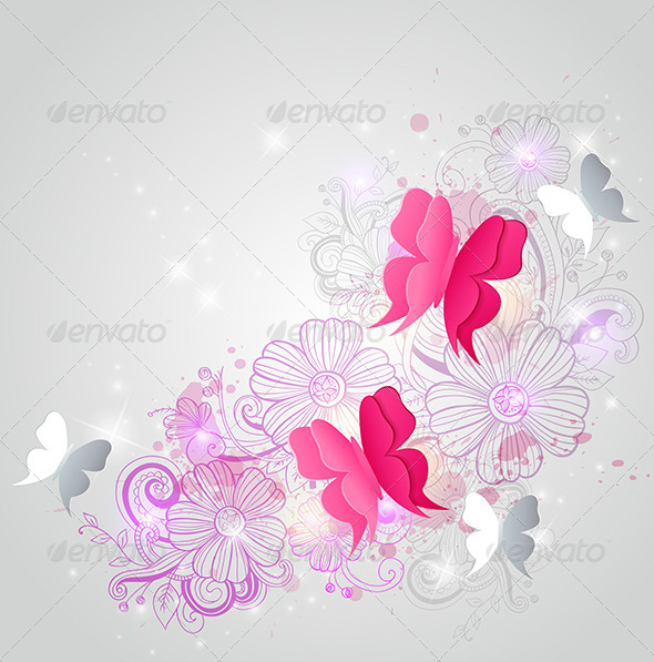 Background with Butterflies and Flowers - Flowers & Plants Nature