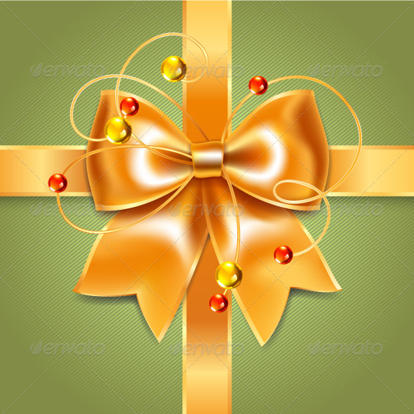 Gold Bow of Silk Ribbon on Green Background - Backgrounds Decorative