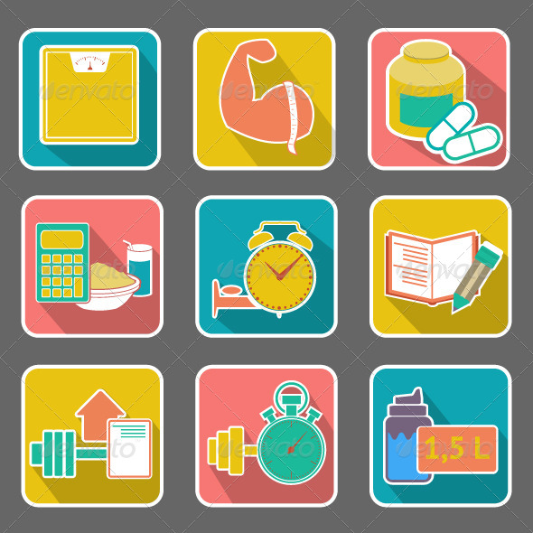 Set of Flat Icons: Diet and Fitness - Food Objects