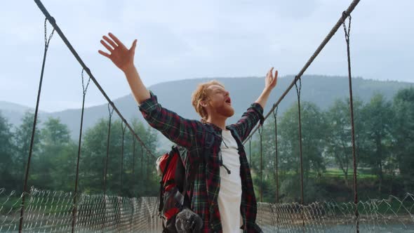 Excited Traveler Feel Happy in Mountains Nature alt