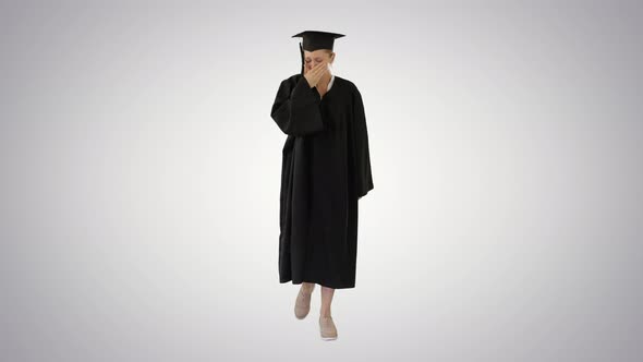 Young Graduate Woman Sick and Coughing While Walking on Gradient Background. alt