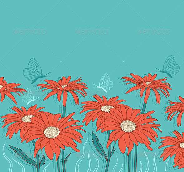 Green Background with Red Gerbera - Flowers & Plants Nature