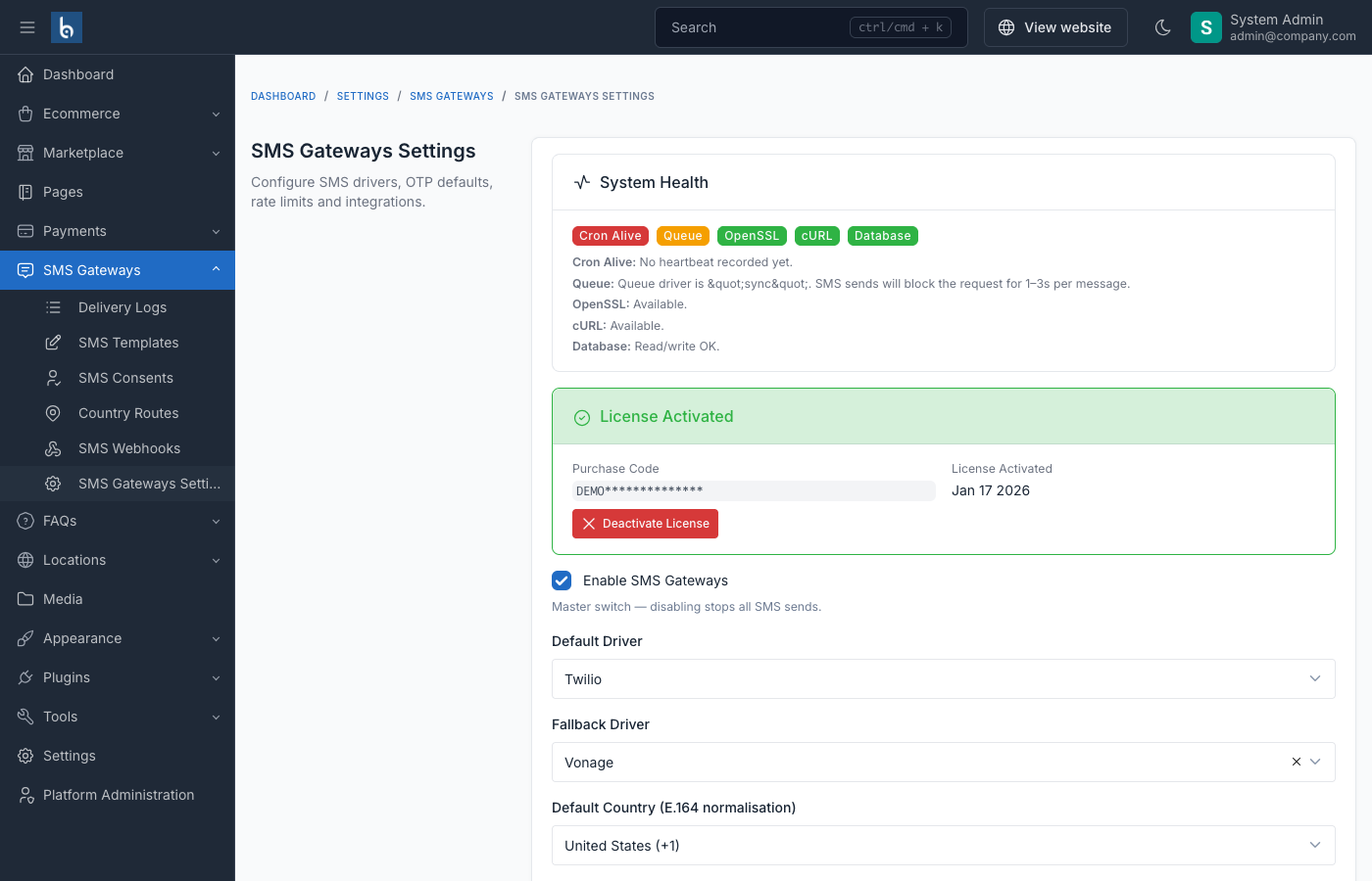 SMS Gateways - Multi-Provider + OTP Plugin for Botble CMS by botble