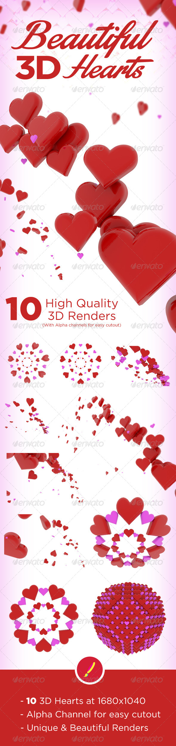10 Beautiful 3D Hearts - 3D Backgrounds