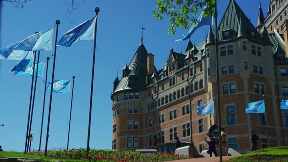 Flags waving near the Chateau Frontenac alt