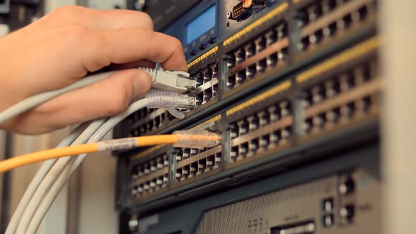 Network Cables Connected To Switches In Data Center. System Administrator Configures Network Server alt