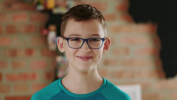 Portrait of a Smiling Boy in Eyeglasses and Green Tshirt alt
