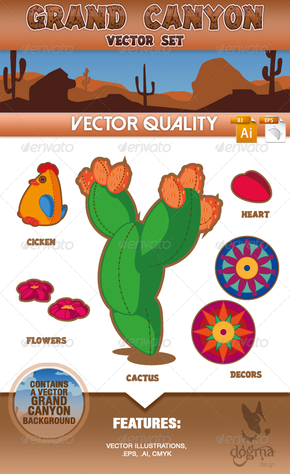 Grand Canyon: Cactus and Chicken Vector Set - Nature Conceptual