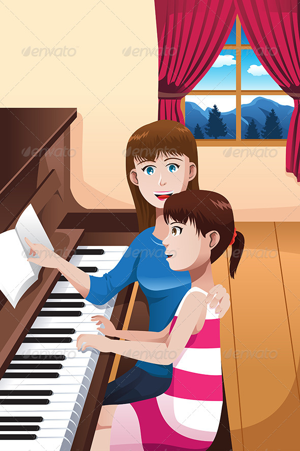Girl Learning to Play a Piano - People Characters