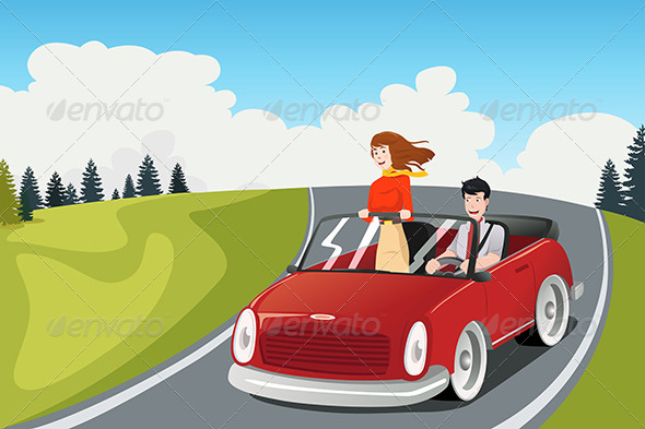 Couple Riding a Car going on a Road Trip - Travel Conceptual