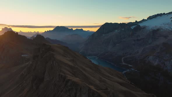 Sunrise in the Dolomites Aerial View of Mountains and Valleys
