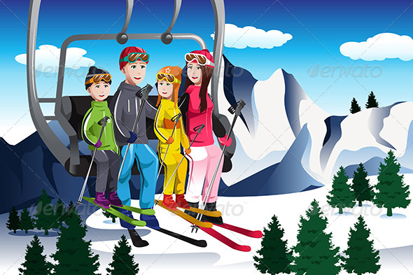 Family Going Skiing Sitting on a Ski lift - People Characters