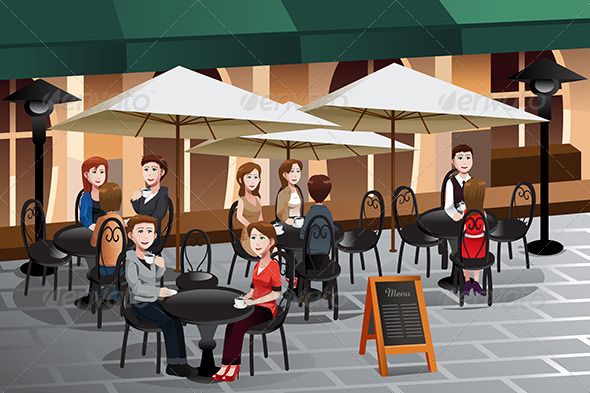 People Enjoying Coffee Outside of a Cafe - People Characters