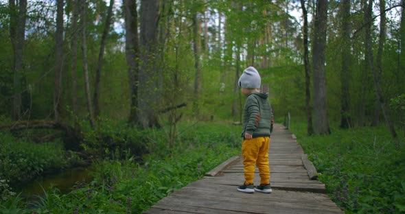 A Boy Runs in a Park on a Wooden Path in Slow Motion. Adventure of a Boy in the Forest. A 2-3 Year alt