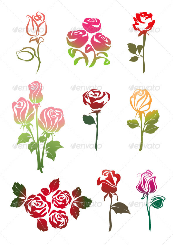 Icons Set of Colored Roses - Flowers & Plants Nature