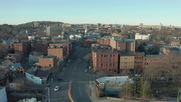 Aerial Drone Shot of Main Street in Suburban Boston Town at Dusk