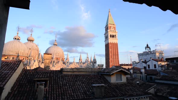 Time Lapse of Venice St Mark's Campanile and St Mark's Basilica. Italy. Sunset.