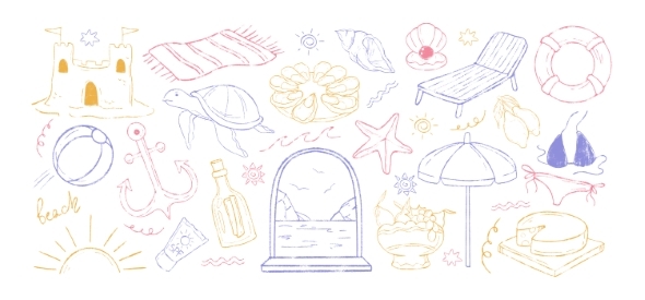 Hand Drawn Crayon Colored Doodle Coastal Elements