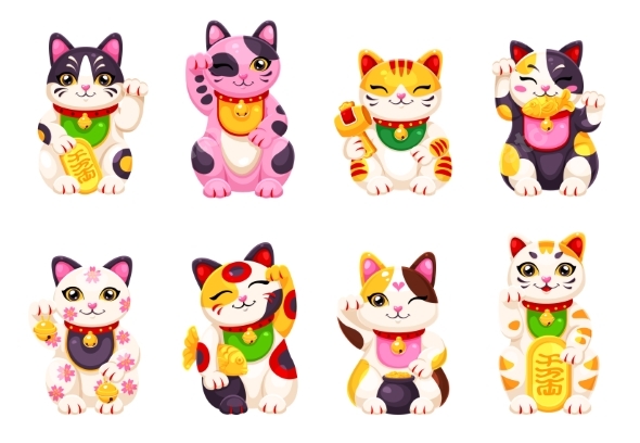 Japanese Maneki Neko Lucky Cats with Gold Coins, Vectors