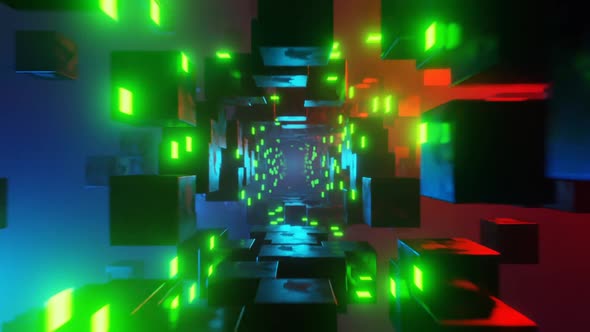 Tunnel Of Cubes With Green Neon