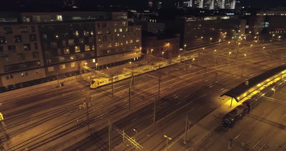 Aerial View of Railway and Train at Night