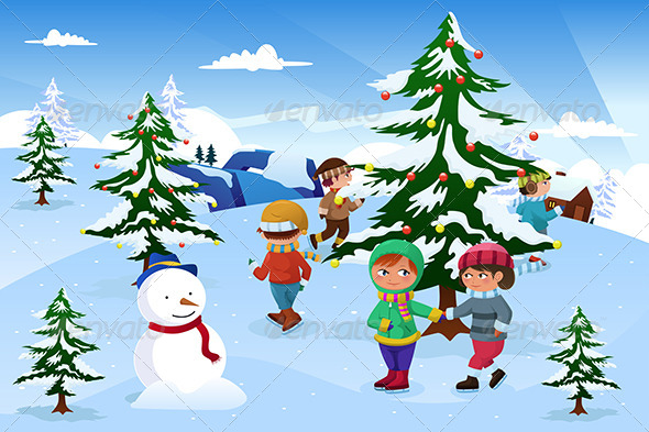 Kids Skating Around a Christmas Tree - Christmas Seasons/Holidays