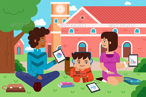 College Students in the Campus with Tablet PC - People Characters