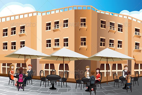 People Enjoying Coffee Outside of a Cafe - Buildings Objects