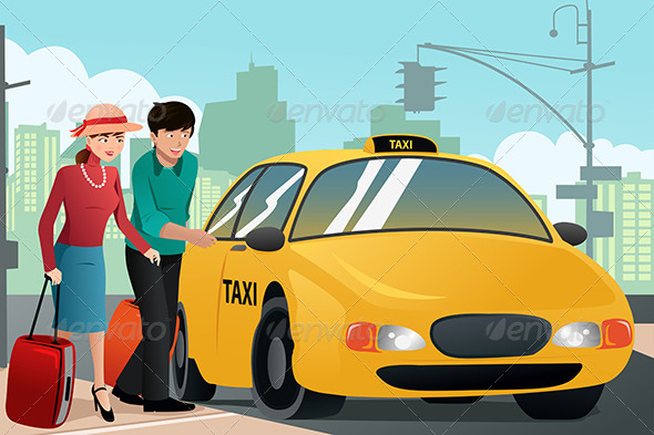 Couple on Vacation Calling a Taxi - Travel Conceptual