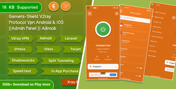 Gamers-Shield V2ray Protocol VPN Flutter App Android & IOS with Admob || In App Purchase