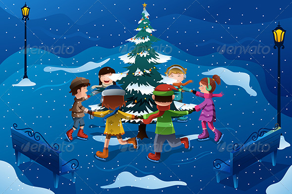 Children Skating Around a Christmas Tree - Christmas Seasons/Holidays