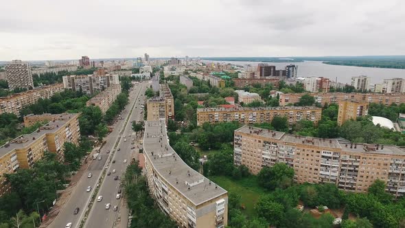 Samara City Near Volga River, Aerial View, Modern Buildings and Roads