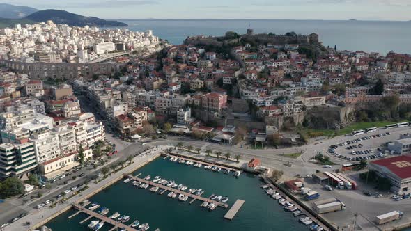 Drone flight over the city of Kavala in northern Greece alt