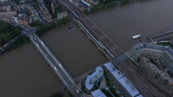 High Angle View of Trains Driving on Multi Track Grosvenor Railway Bridge alt