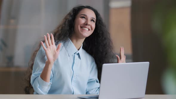 Happy Young Girl Business Woman Female Employee Relax Sit at Office Desk Listen Loud Music Dancing alt