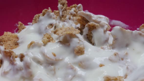 Dried cereals with yogurth tasty and healthy breakfast close-up 4K 2160p 30fps UltraHD tilting foota alt