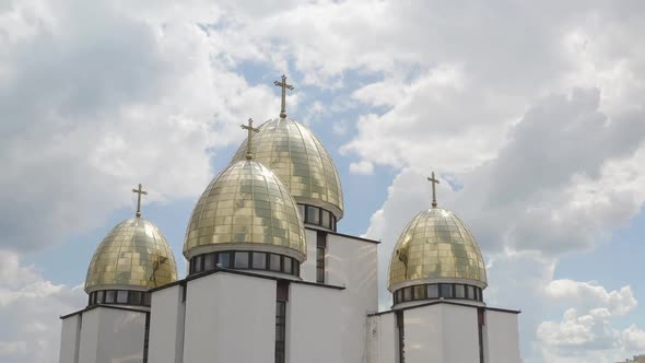 Dome of the Church Aerial View Traditional Old Church in Lviv Ukraine City Cloudy Blue Sky alt